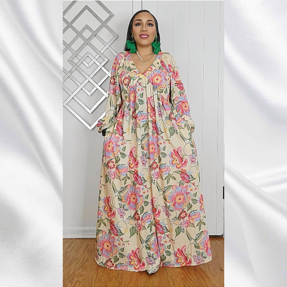 Panna Cotta-Florals V Neck Long Sleeve Maxi Dresss